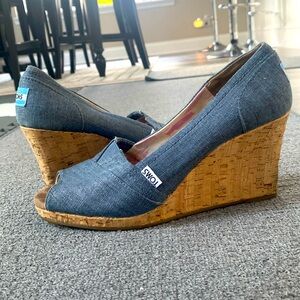 TOMS denim cork wedges